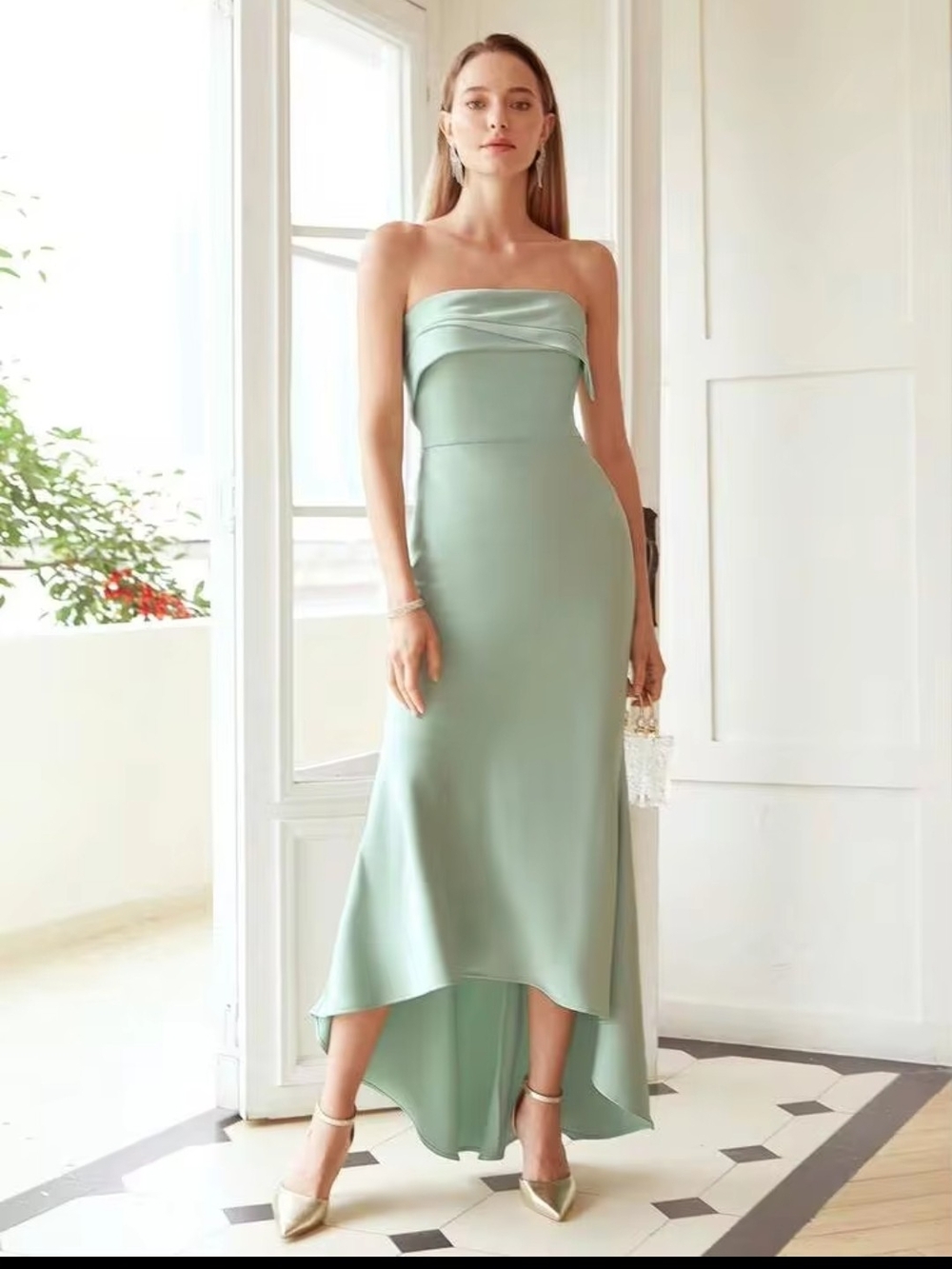 Strapless Sage Green Evening Dress
